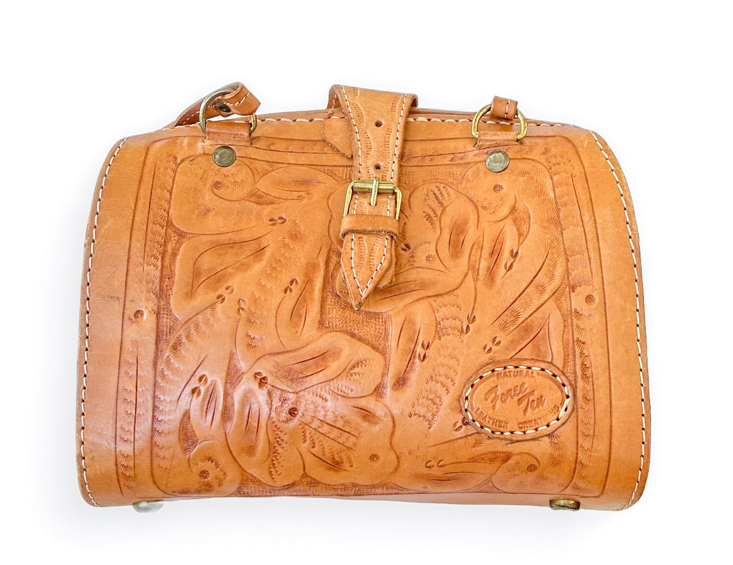 Vintage Force Ten Tan Leather Shoulder Bag Western Tooled