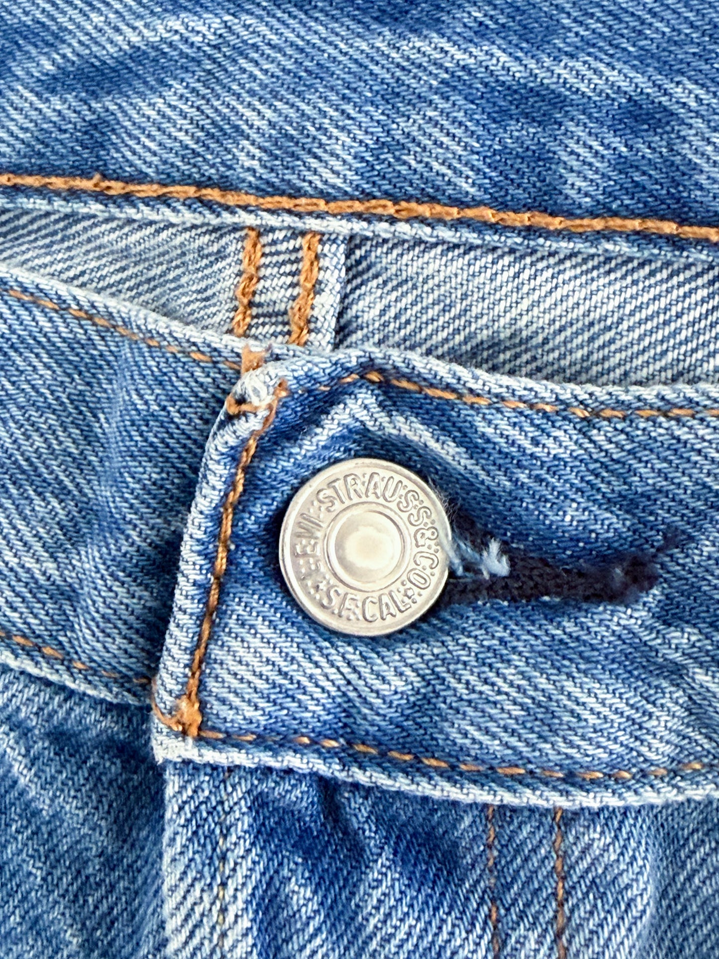 Levi’s 501 Premium Big E Blue Denim Distressed Jeans, 30W 31L