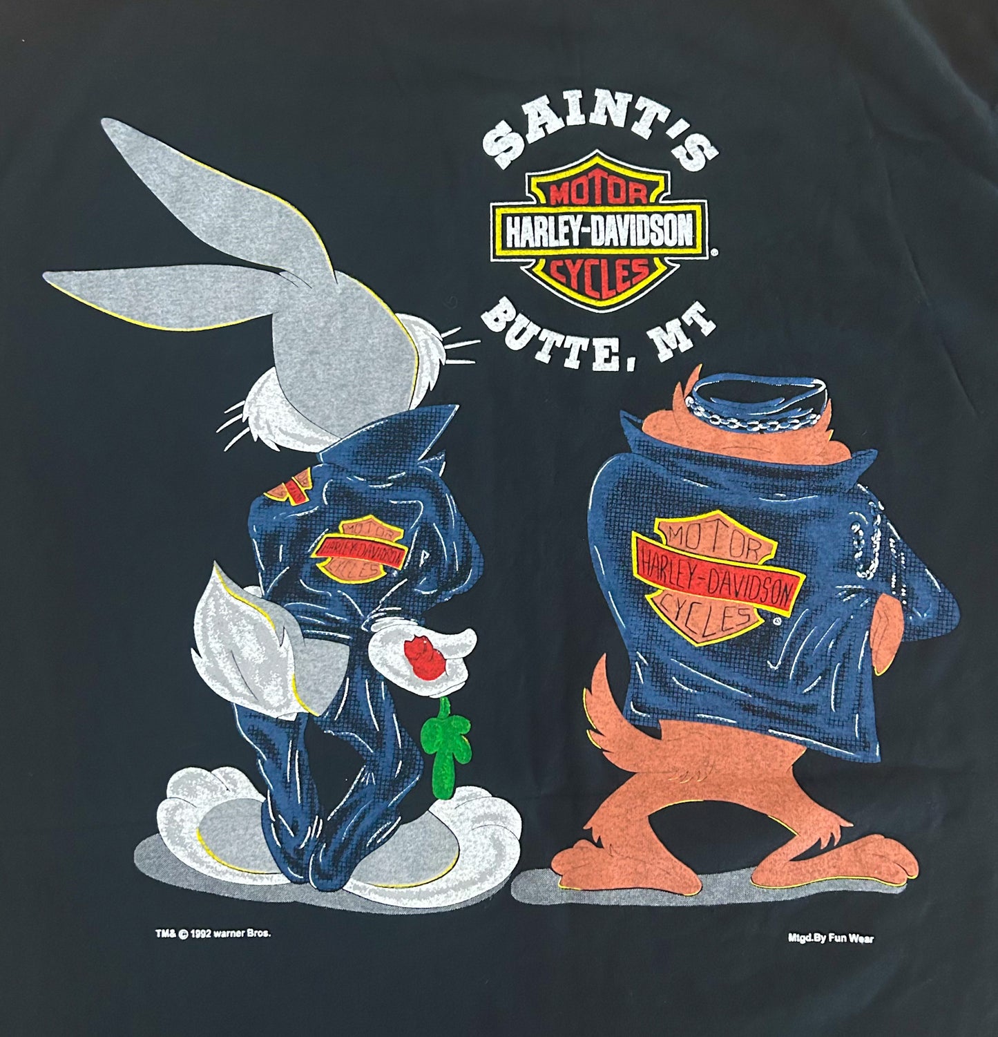 Harley-Davidson Looney Tunes T-Shirt – Bugs Bunny & Taz Biker Tee Black Single Stitch Warner Bros, Size - XL