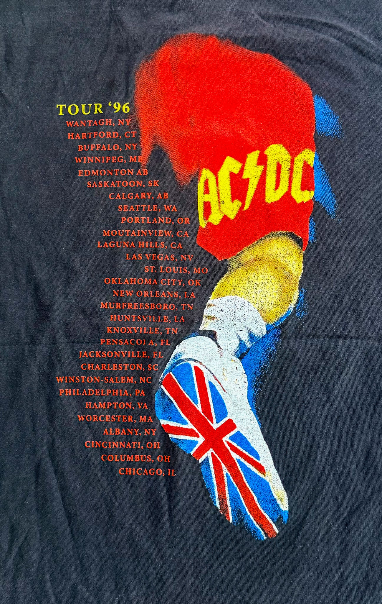 Vintage AC/DC Angus Young Tour T-Shirt Brockum Tag USA Made – 90s Rock Band Tee, Single Stitch Graphic, Size-Large