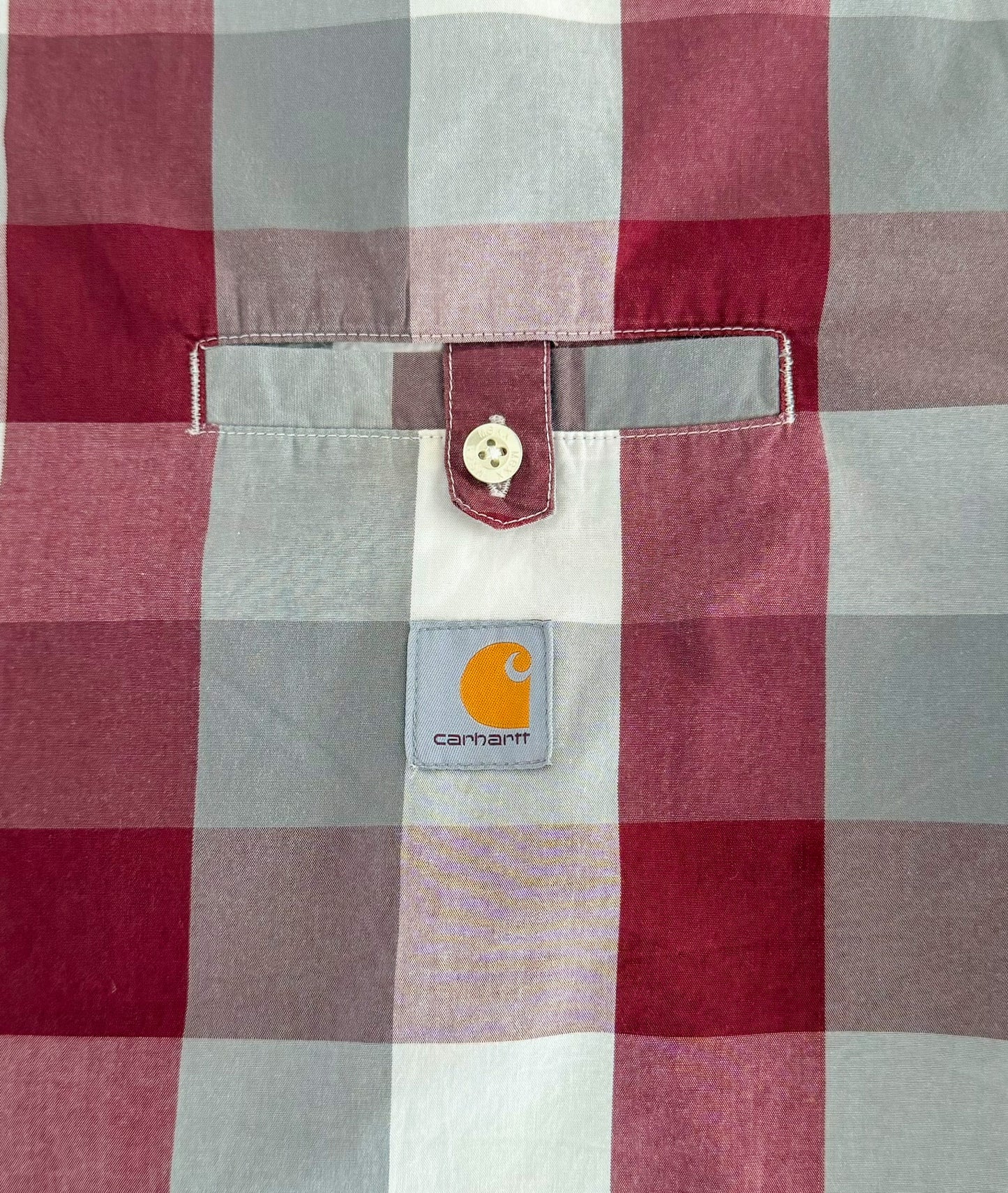 Carhartt Rework Box Fit - Burgundy Grey Plaid Check Short Sleeve Button Up Vintage Workwear Box Shirt,Size-XL