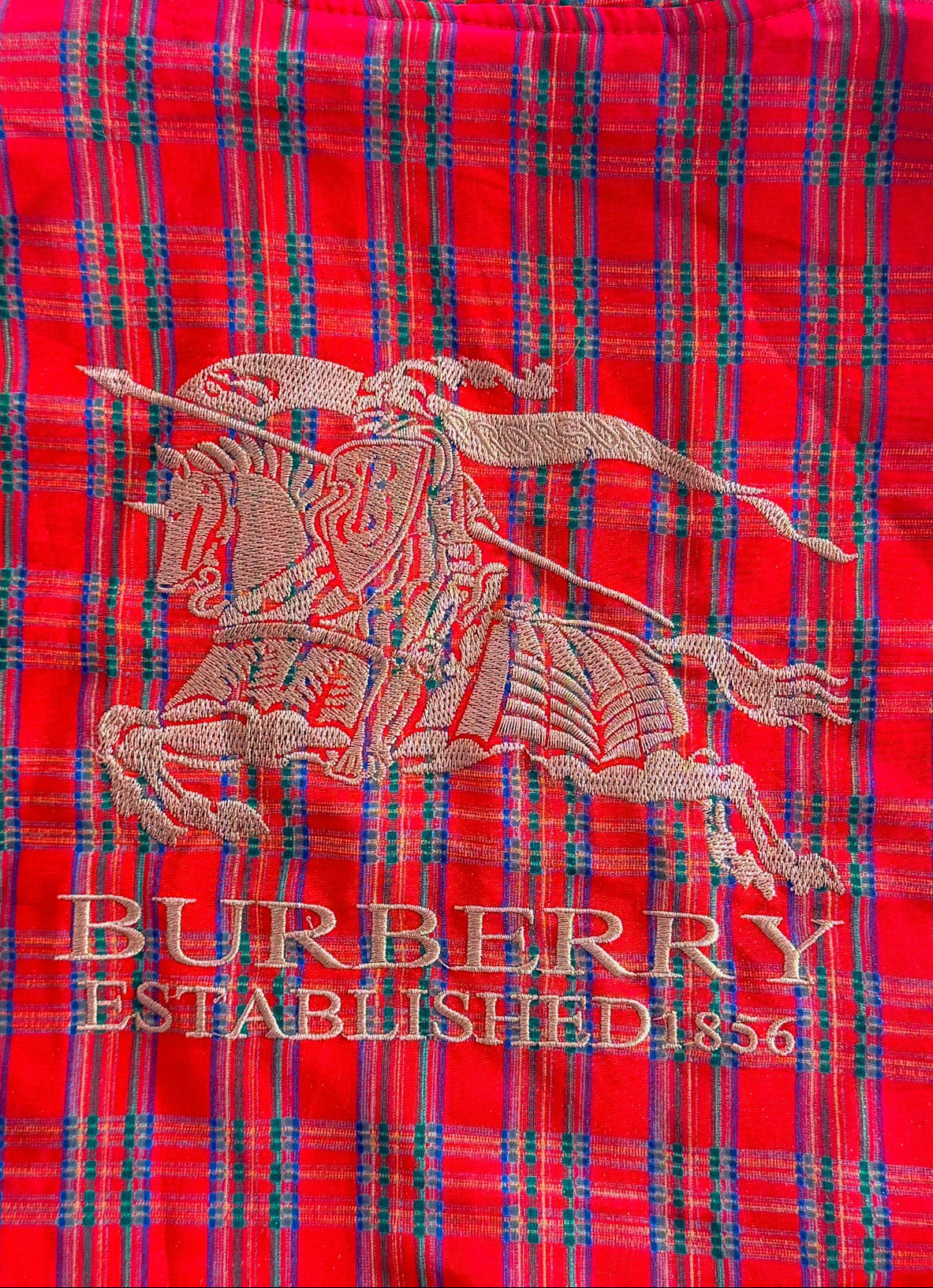 Vintage Burberrys Tartan Jacket Red Plaid Knight Logo Embroidered Made in England – Large