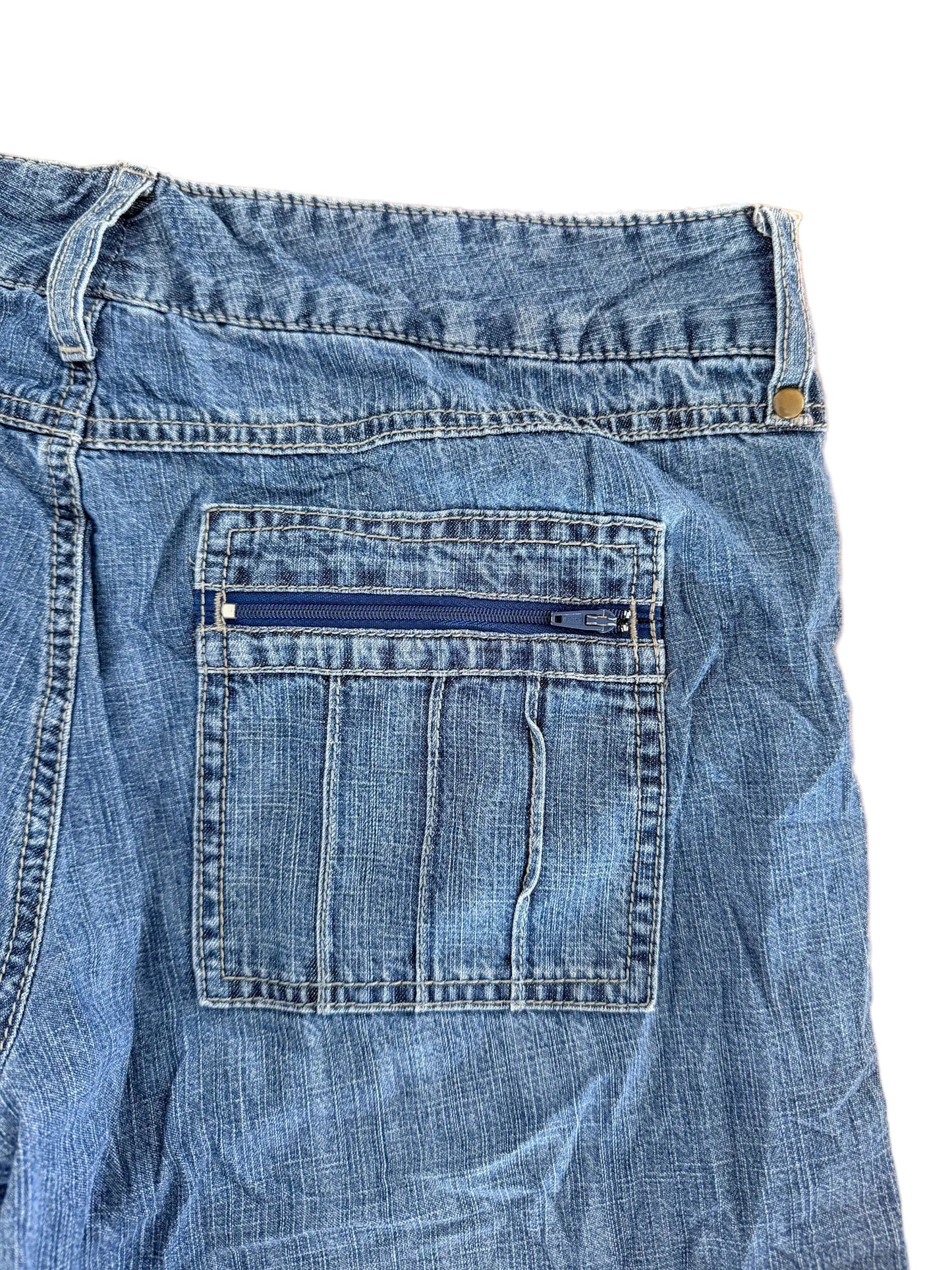 Vintage Y2K Lee “One True Fit” Blue Wash Utility Pockets Denim Adjustable Hem Streetwear Cargo Capri Pants,Size-34"Waist