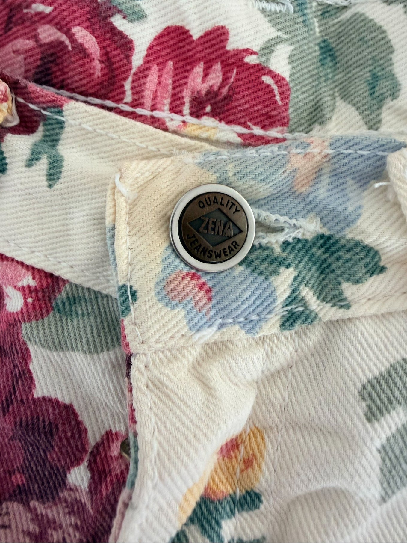 Vintage Zena Floral Denim Shorts White Rose Print High Waist 90s Y2K Womens XL