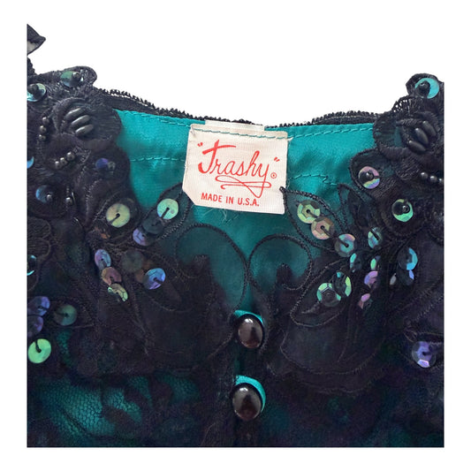 Vintage Trashy Made in USA Lace Sequin Corset Top, Women's Large