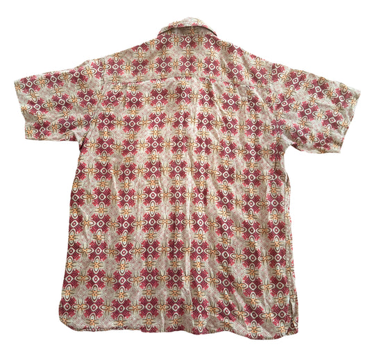1990s Style Red Geometric Floral Short Sleeve Shirt, XL