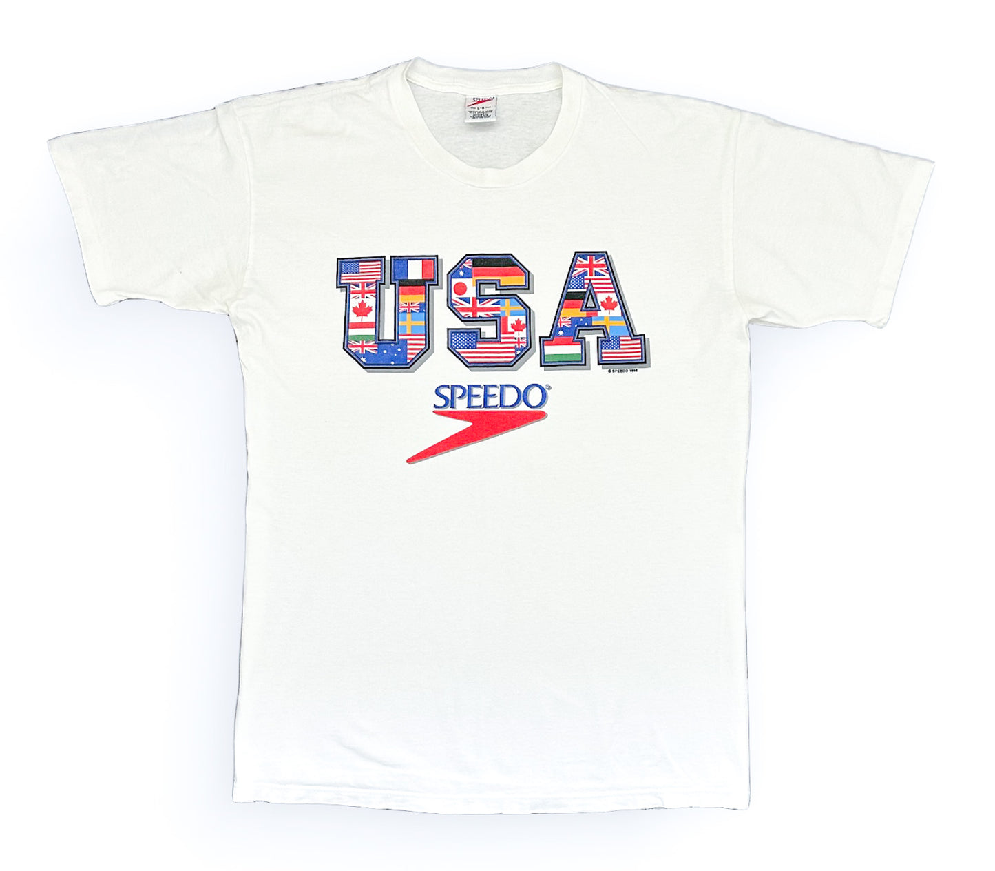 Vintage 1996 Speedo USA Graphic T-Shirt – Rare 90s Olympic Swimwear Tee, Speedo Logo, Flag Print – Size Large