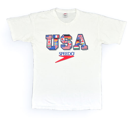 Vintage 1996 Speedo USA Graphic T-Shirt – Rare 90s Olympic Swimwear Tee, Speedo Logo, Flag Print – Size Large