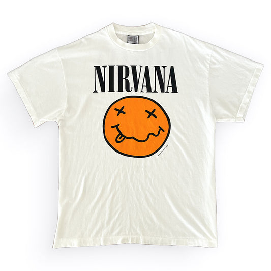 Vintage 90s Nirvana Tour T-Shirt – Giant Tag USA Made Single Stitch – Smiley Face Logo & Angel Tour Graphic, Size - XL