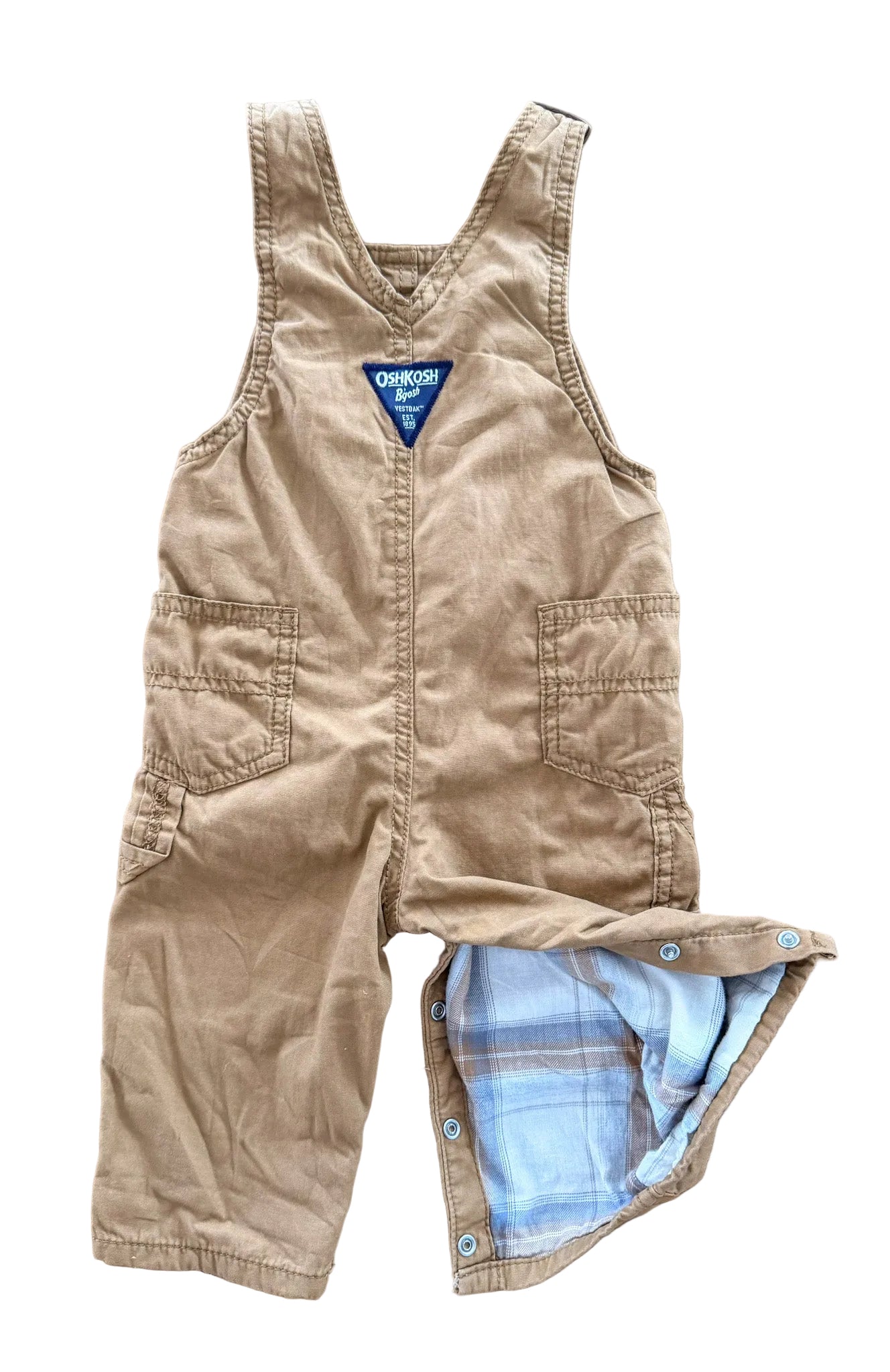 Vintage Kids OshKosh Bgosh Tan Cotton Snap Button Leg Overalls Size 9 Months
