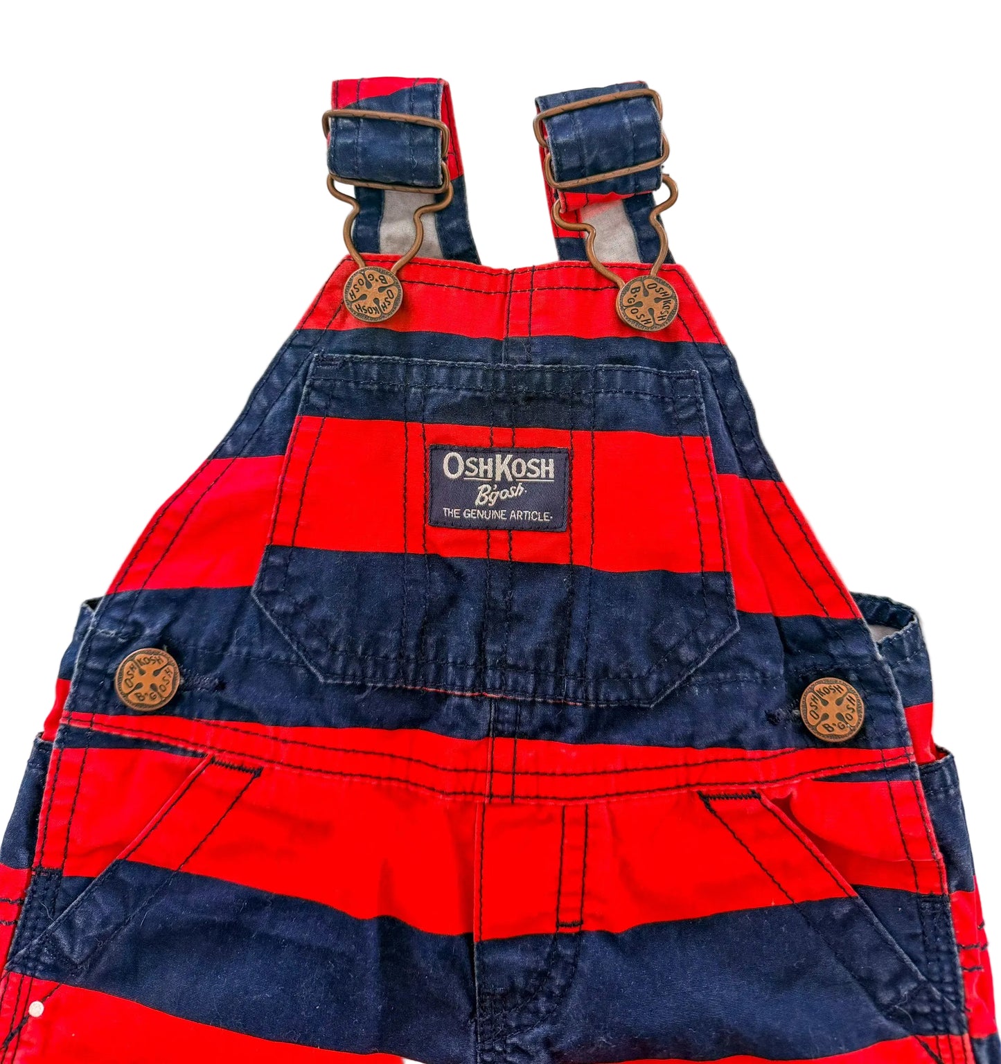 Vintage Kids OshKosh B'Gosh Red and Navy Blue Stripe Overalls Size 3 Months