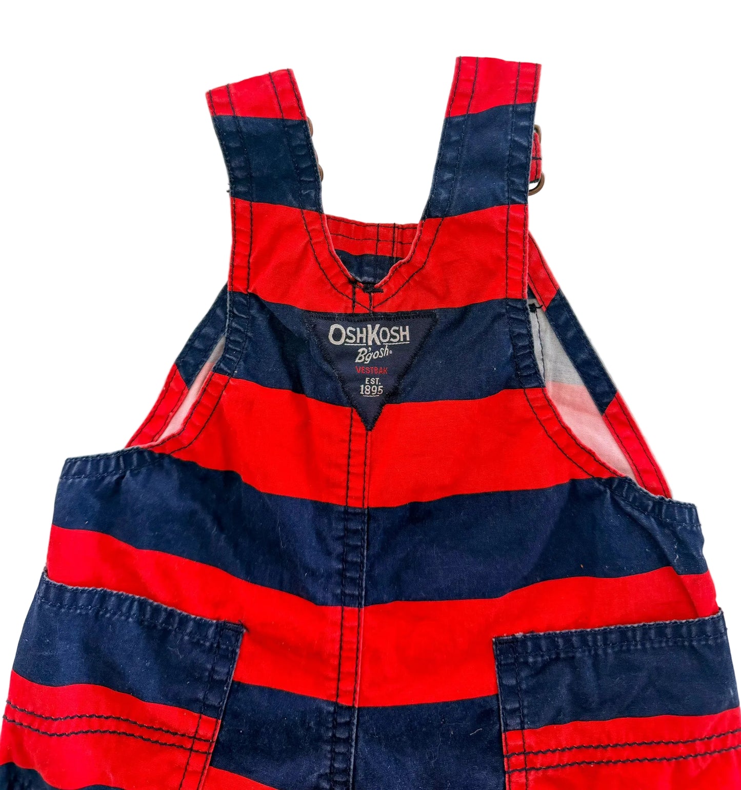 Vintage Kids OshKosh B'Gosh Red and Navy Blue Stripe Overalls Size 3 Months