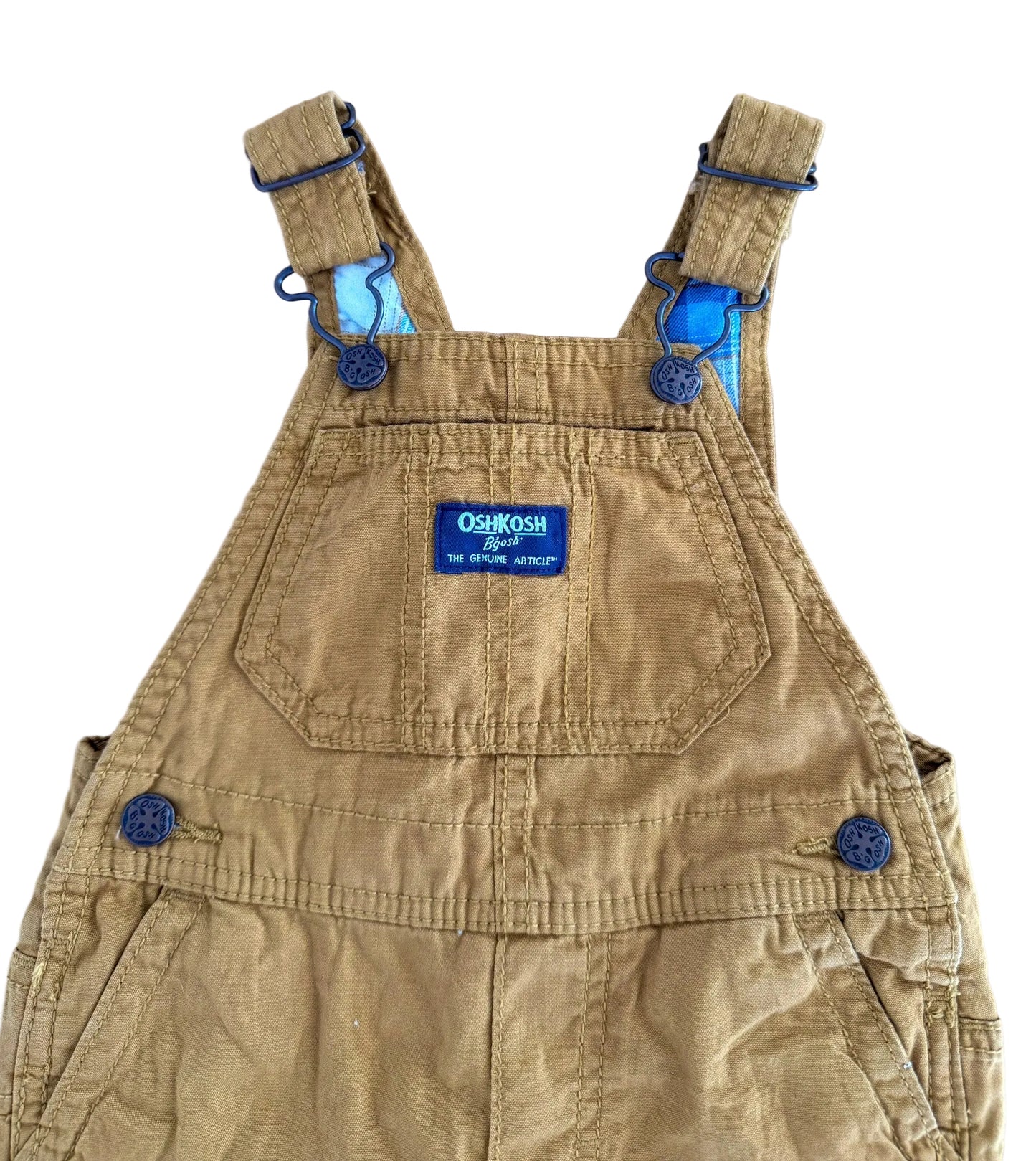 Vintage Kids OshKosh B'Gosh Tan Canvas Plaid Lined Overalls Size 12 Months
