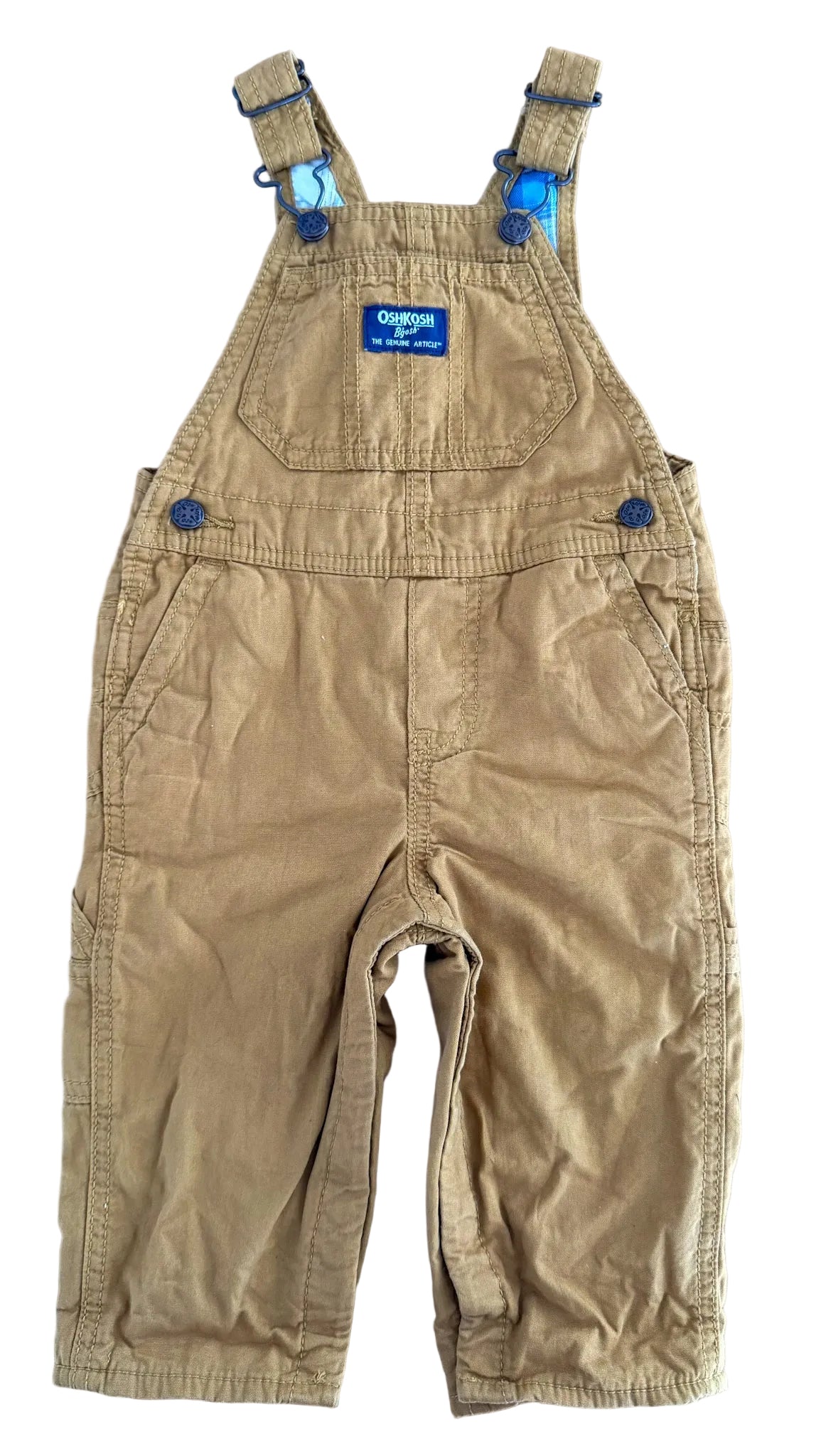 Vintage Kids OshKosh B'Gosh Tan Canvas Plaid Lined Overalls Size 12 Months