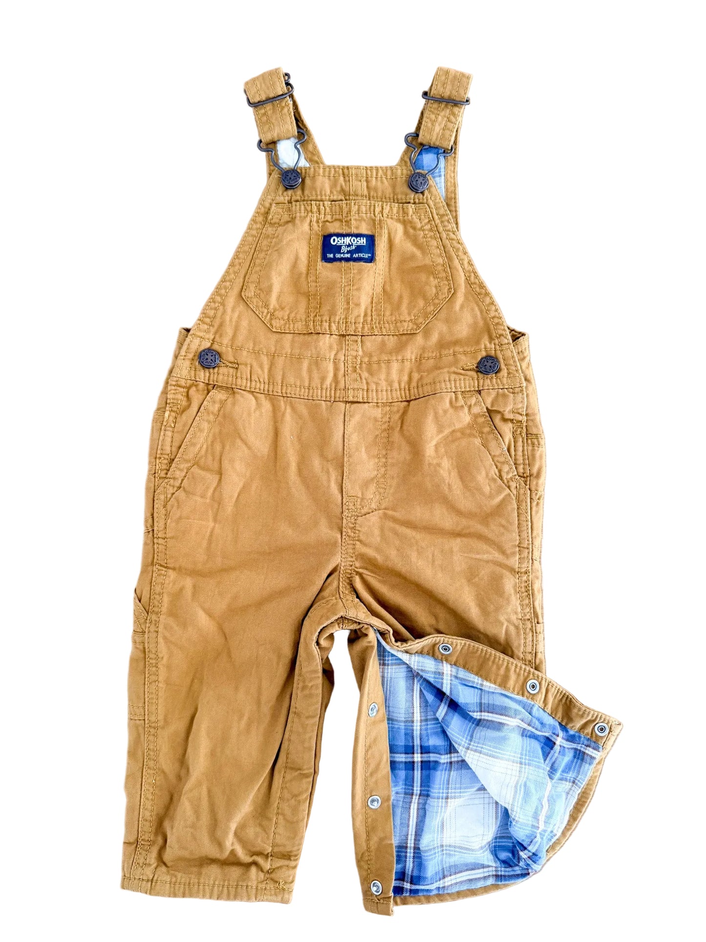 Vintage Kids OshKosh B'Gosh Tan Canvas Plaid Lined Overalls Size 12 Months