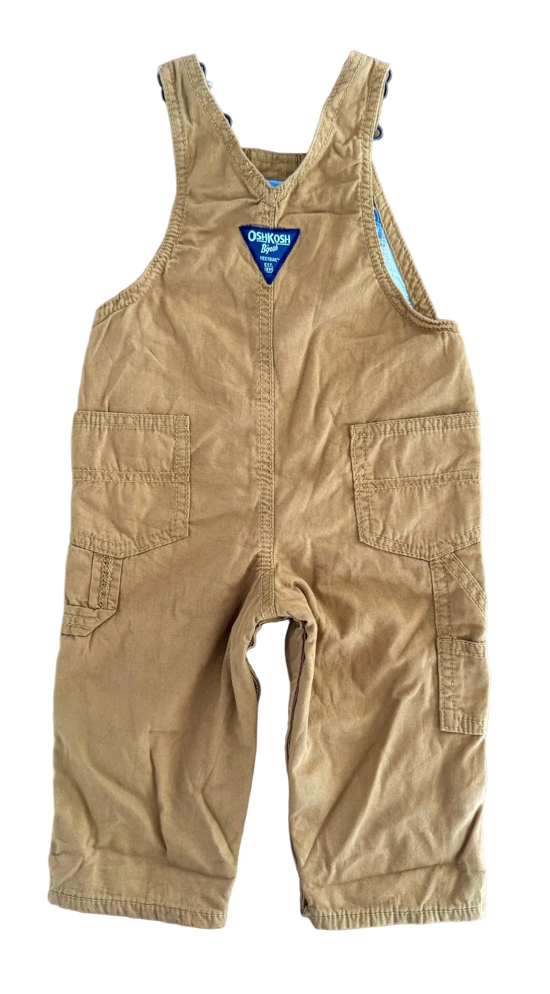 Vintage Kids OshKosh B'Gosh Tan Canvas Plaid Lined Overalls Size 12 Months