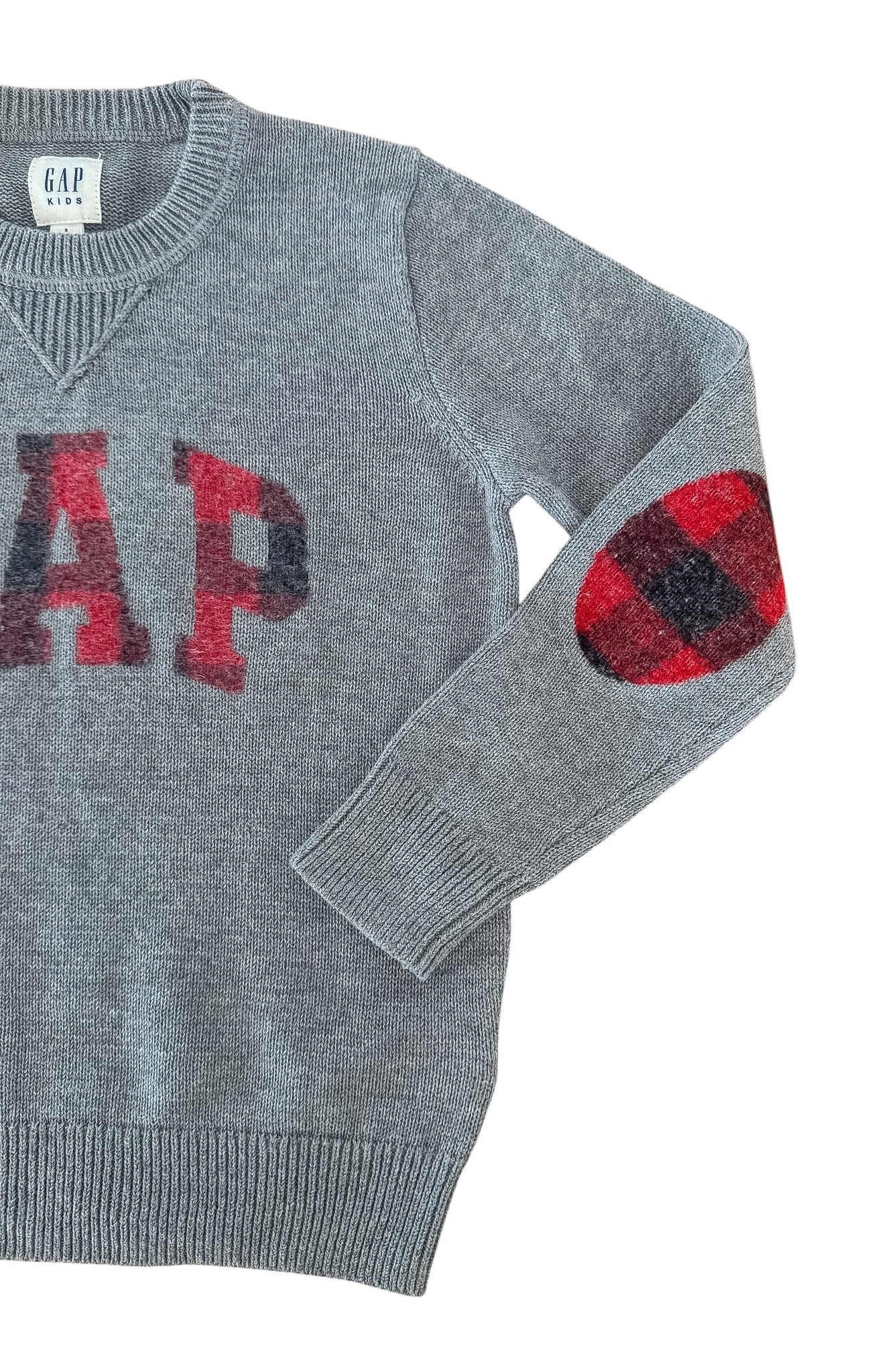 GAP Kids Buffalo Plaid Logo Cotton Knit Jumper, 6–7 Years