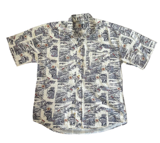 Vintage Fishing Print Cotton Short Sleeve Shirt Medium