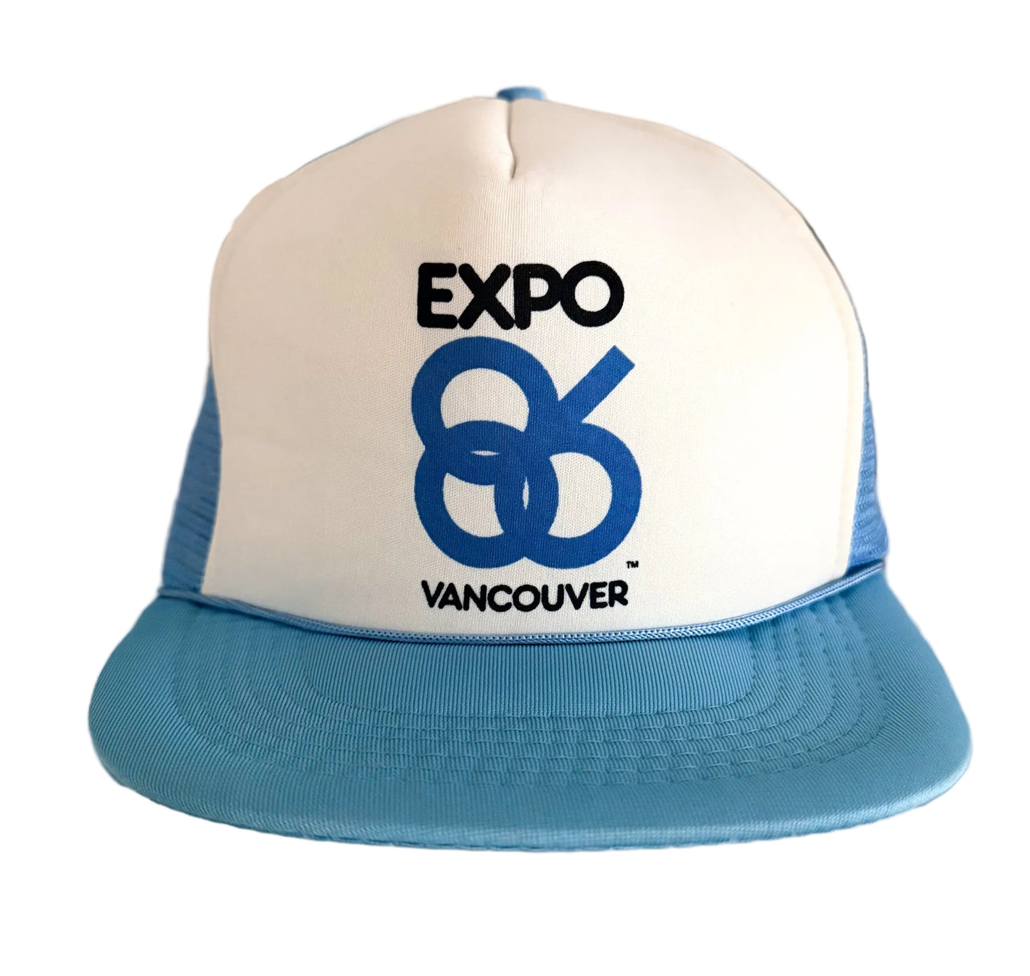 1986 Vancouver Expo Official Souvenir Blue & White Mesh Snapback Trucker Cap