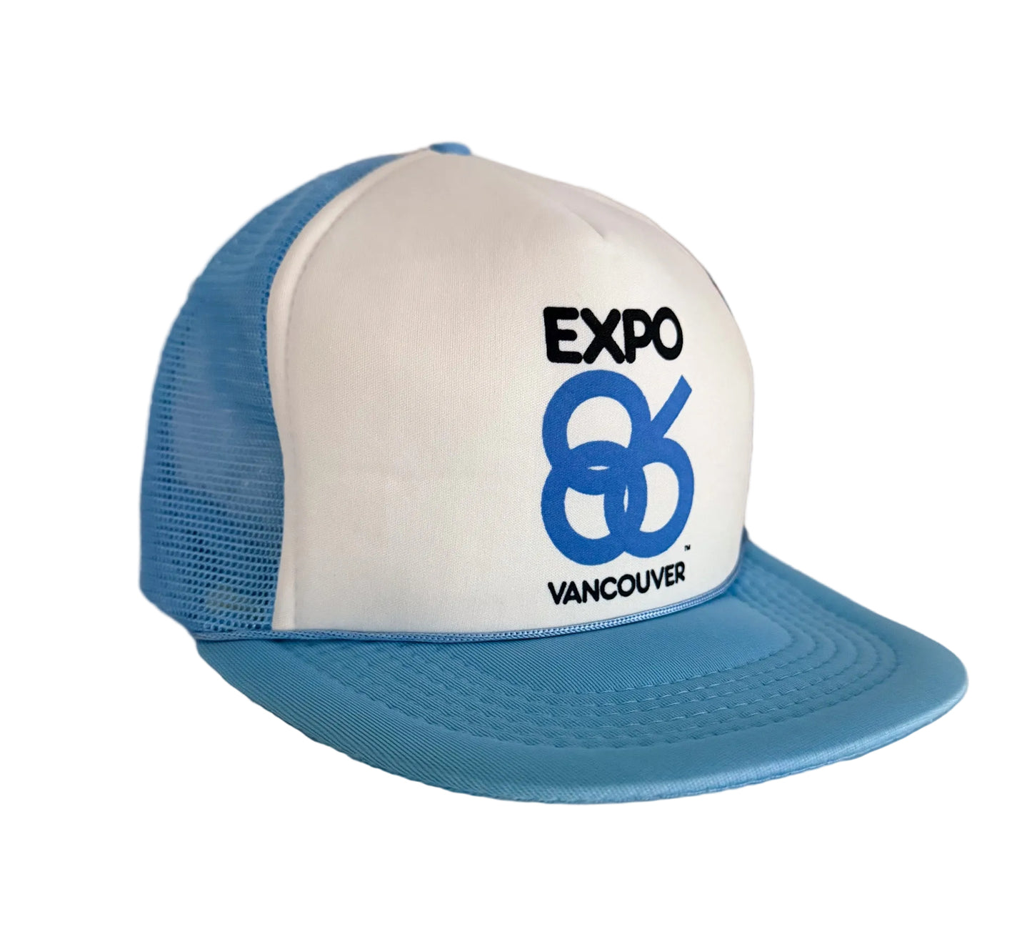 1986 Vancouver Expo Official Souvenir Blue & White Mesh Snapback Trucker Cap