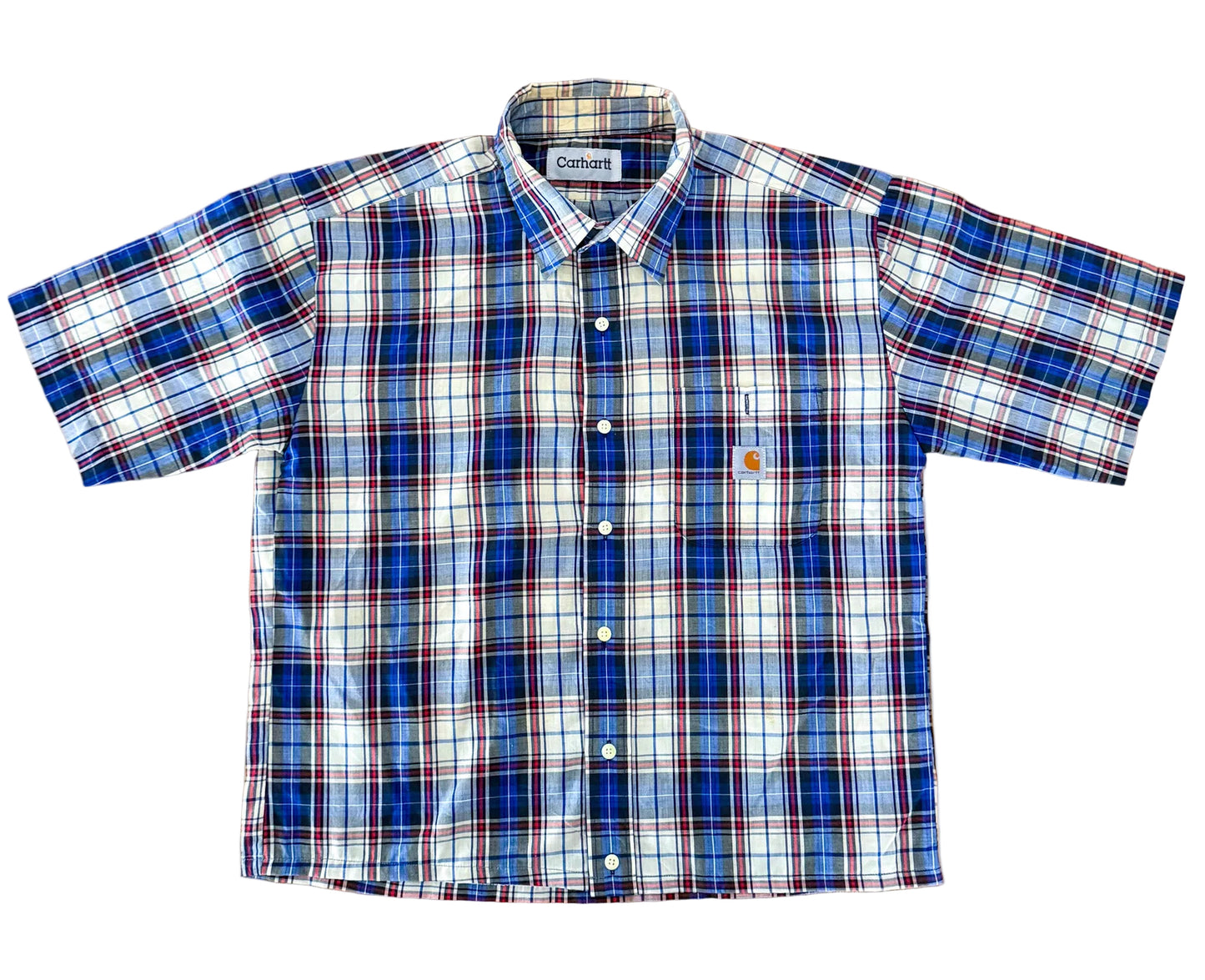 Carhartt Rework Box Fit Blue And Red Plaid Short Sleeve Button Up Workwear Shirt Size Large