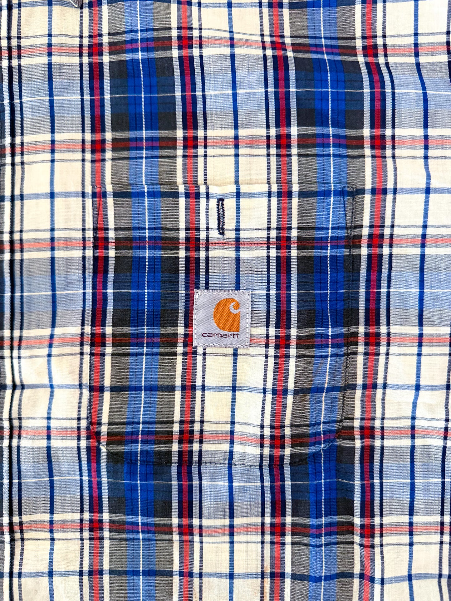 Carhartt Rework Box Fit Blue And Red Plaid Short Sleeve Button Up Workwear Shirt Size Large