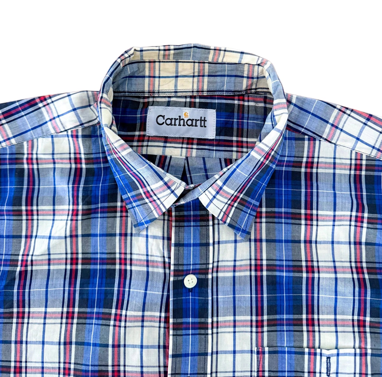 Carhartt Rework Box Fit Blue And Red Plaid Short Sleeve Button Up Workwear Shirt Size Large