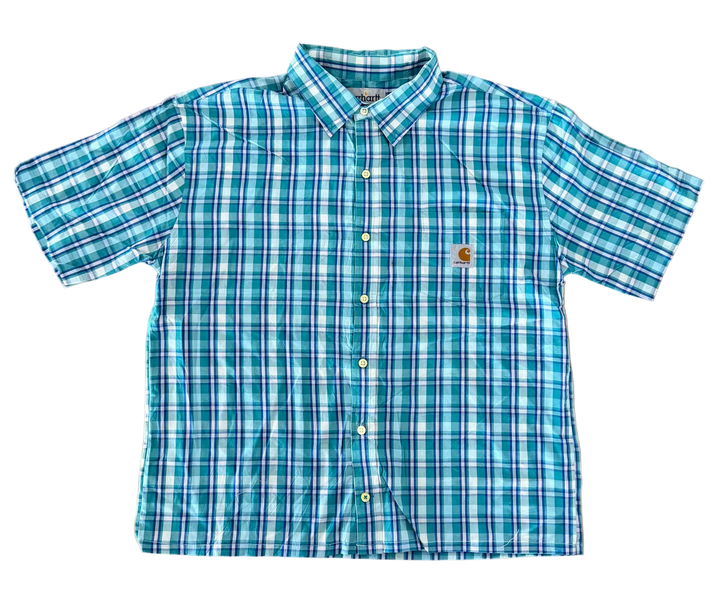 Carhartt Rework Box Fit Green And Blue Plaid Short Sleeve Button Up Workwear Shirt Size Large