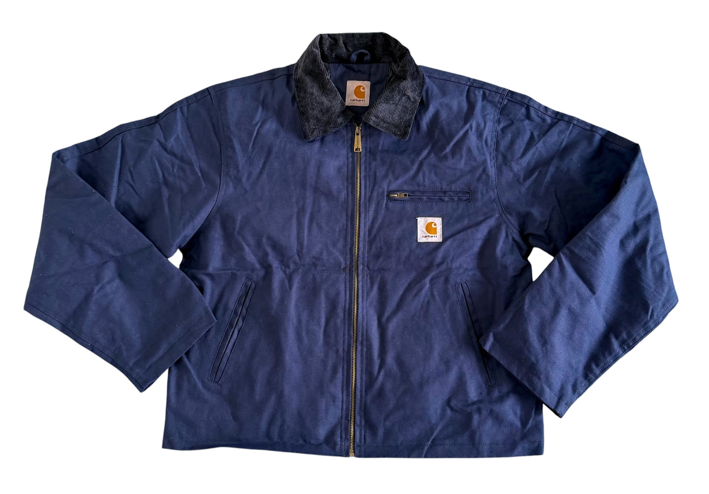Carhartt Blue Duck Canvas Black Corduroy Collar Work Jacket, Large