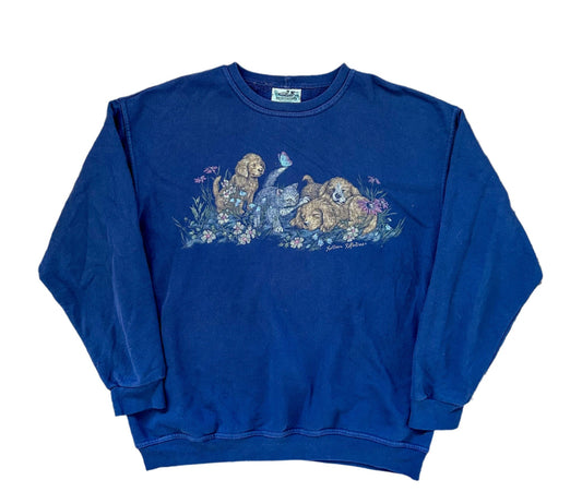 Vintage 90s Dog and Cats Print Purple Sweatshirt Large
