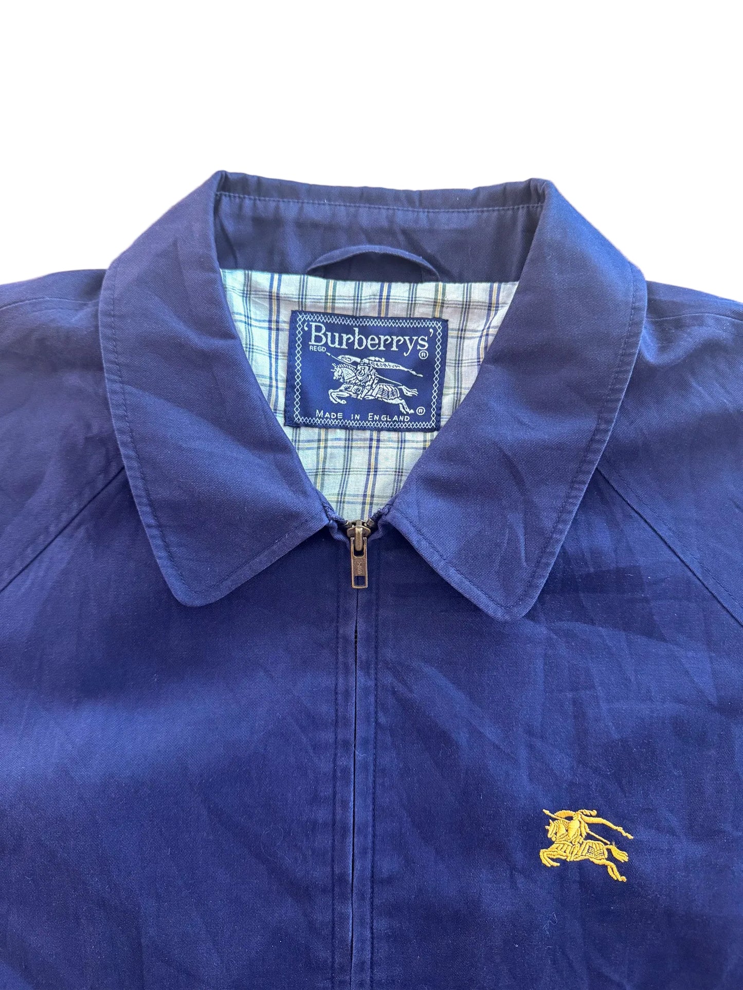 Vintage 90s Burberrys Made In England Embroidered Back Blue Collared Jacket XL