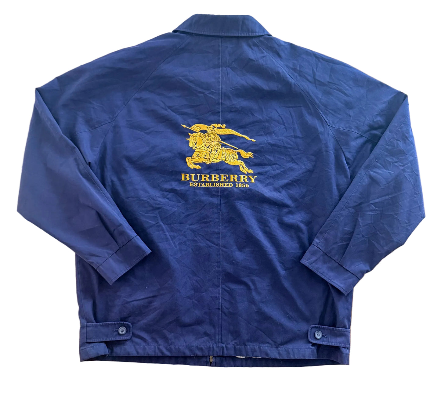 Vintage 90s Burberrys Made In England Embroidered Back Blue Collared Jacket XL