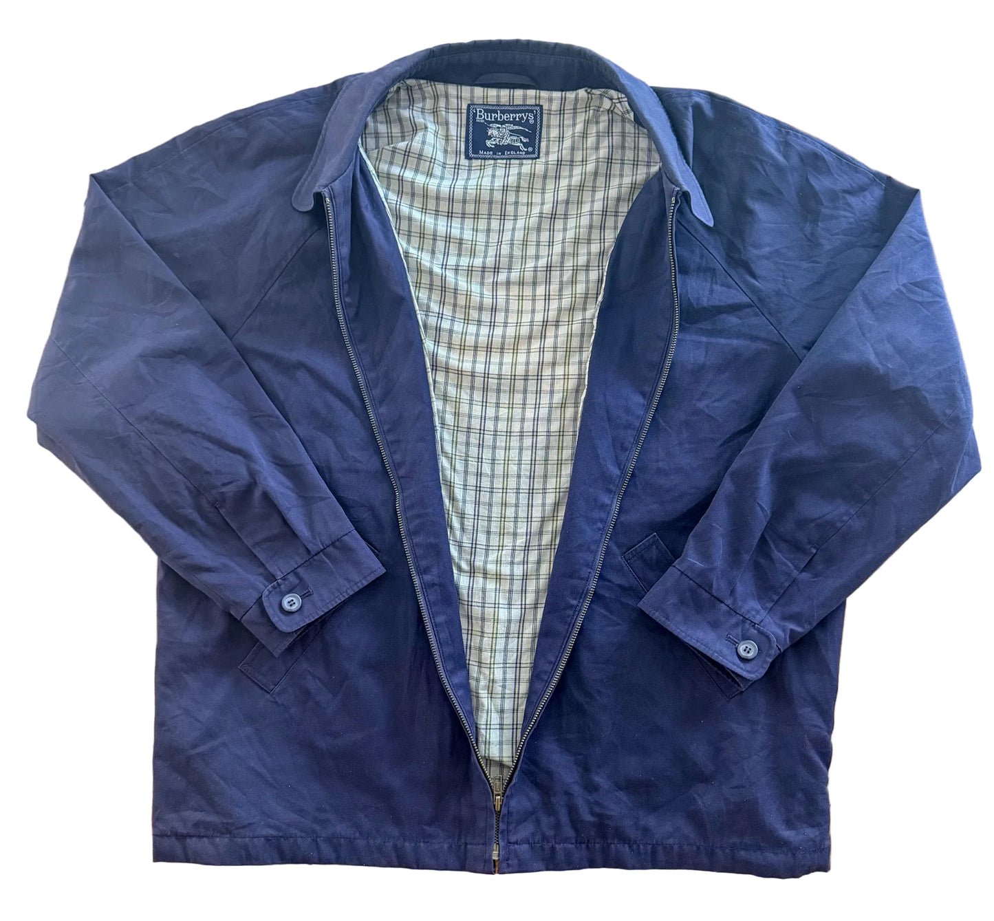 Vintage 90s Burberrys Made In England Embroidered Back Blue Collared Jacket XL