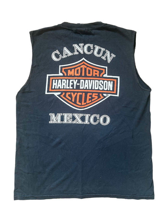 Harley Davidson Cancun Mexico Skull Print Sleeveless Black Cotton T-shirt Large