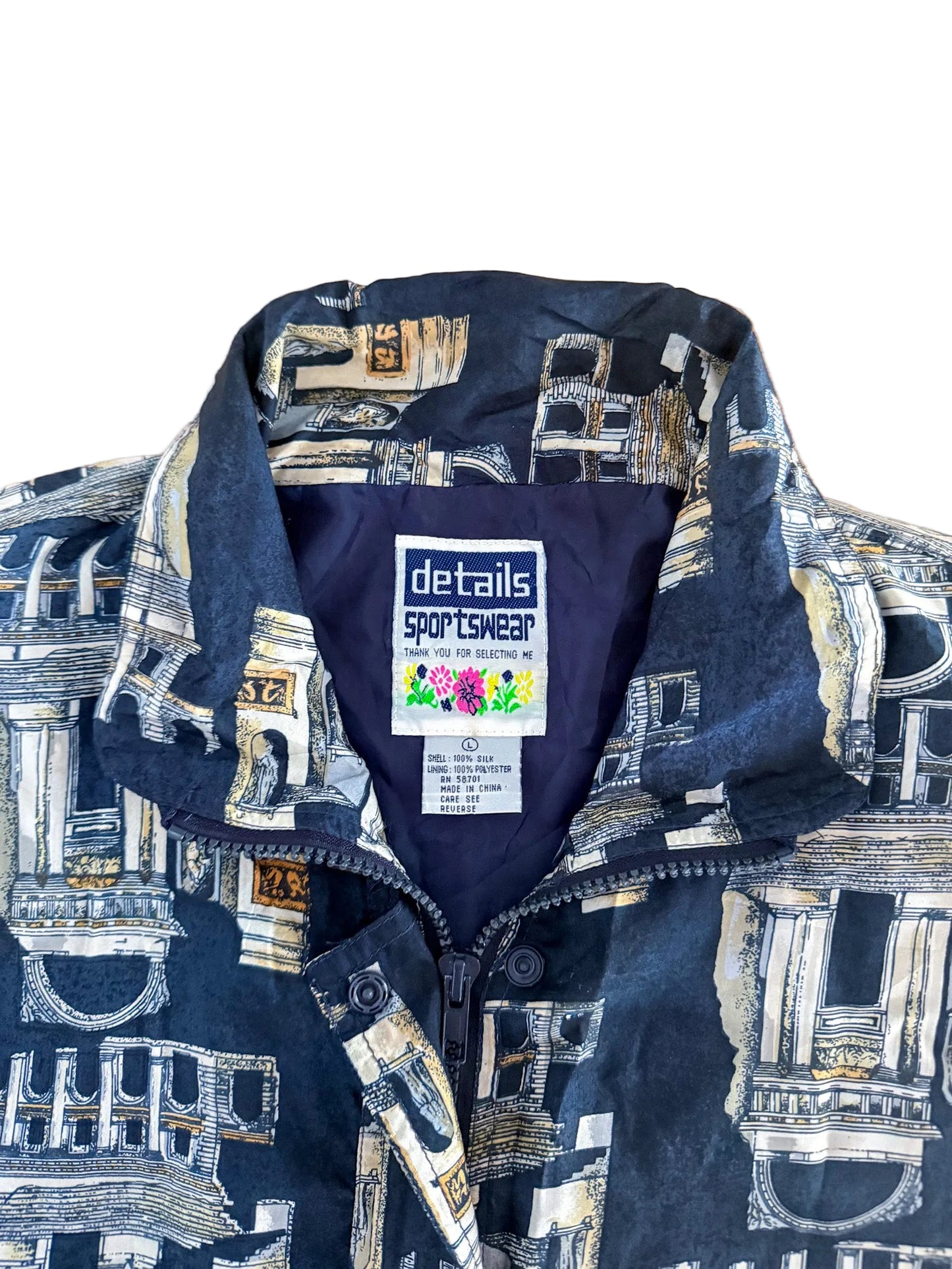 Vintage Silk Pattern Zip Jacket – 100% Silk – Size L