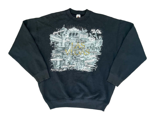 Vintage 1990s Las Vegas Hotel Print Fruit of The Loom Black Sweatshirt XL