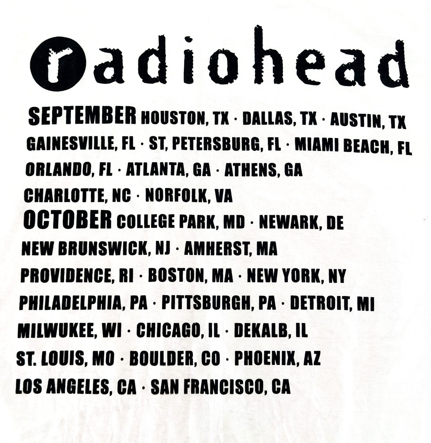 Radiohead Fall Tour Dates Graphic T-Shirt Band Tee XL