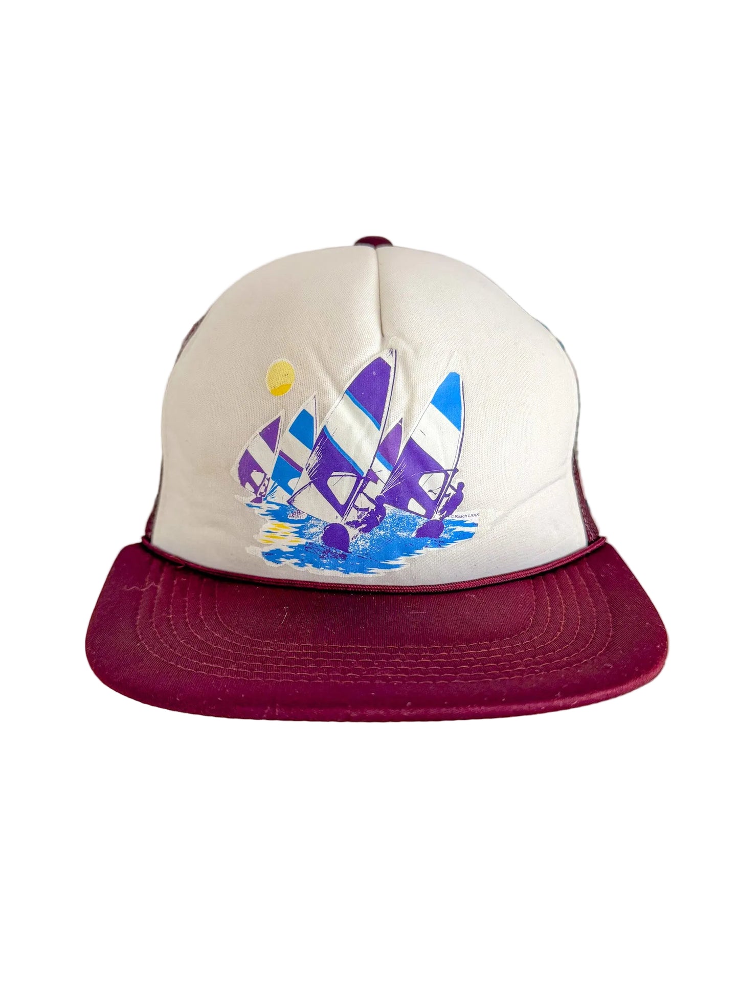 Vintage 90s Windsurfing Graphic Trucker Cap | Burgundy Mesh Snapback