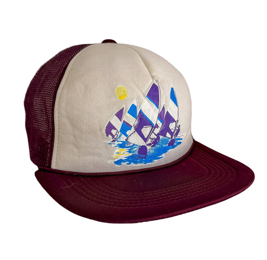 Vintage 90s Windsurfing Graphic Trucker Cap | Burgundy Mesh Snapback