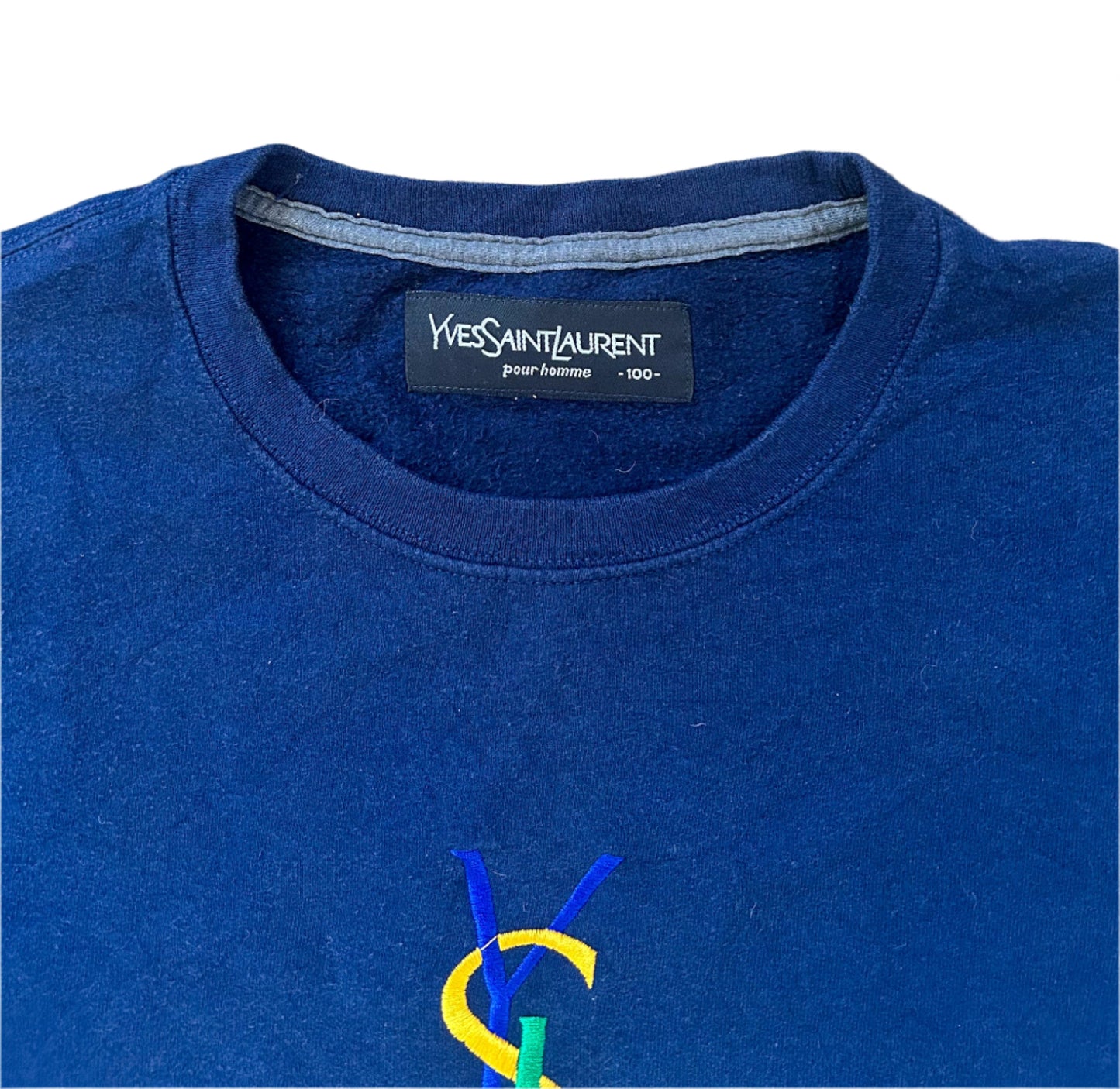 Yves Saint Laurent Embroidered Designer Blue Cotton Sweatshirt Large Rare