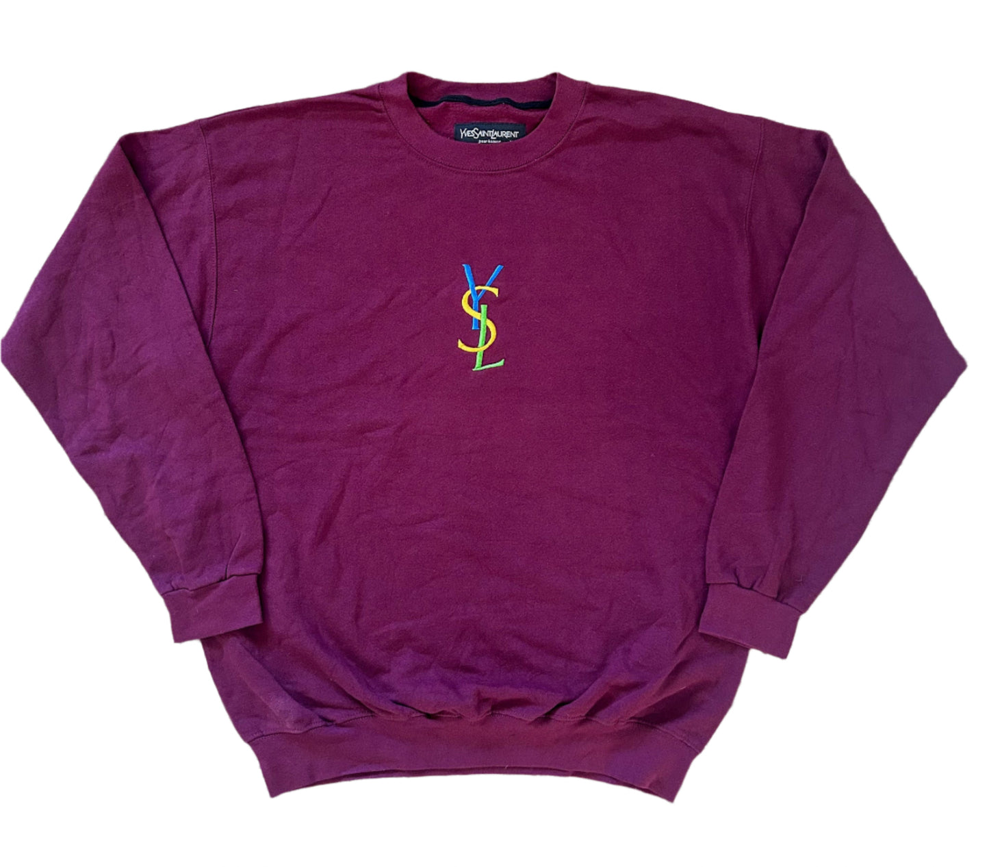 Yves Saint Laurent Embroidered Designer Burgundy Cotton Sweatshirt XL Rare