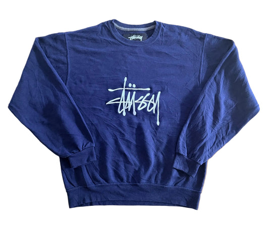 Stüssy Embroidered Logo Sweatshirt Navy Made in USA Large