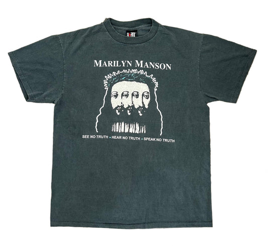 Vintage 1990s Marilyn Manson Giant Label Fear Of God Black Cotton Band T-shirt Large Rare