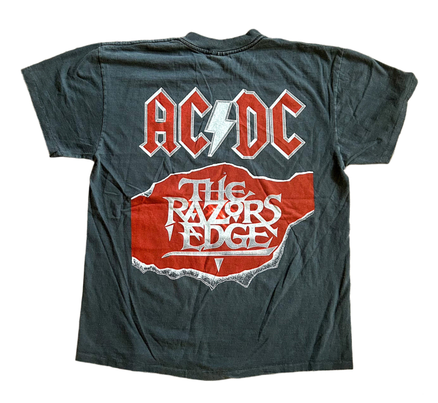 Vintage 1990 ACDC The Razors Edge World Tour Single Stitch Brockum Label Made In USA Black Cotton Band T-shirt Large Rare