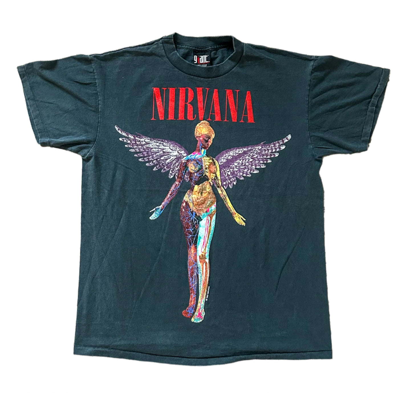 Vintage 1990s Nirvana In Utero Giant Label Single Stitch Made USA Black Cotton Grunge Band T-shirt Large Rare