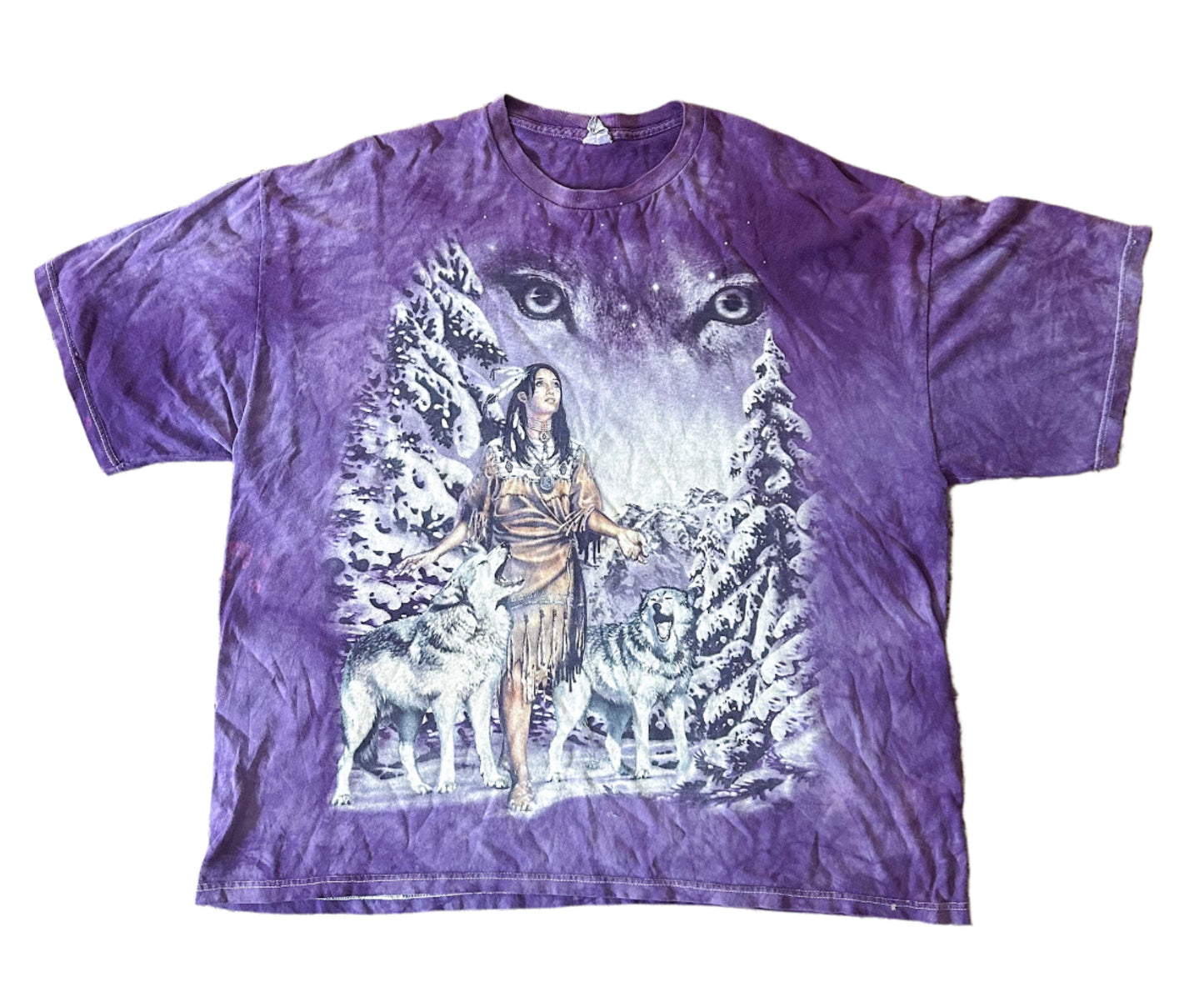 Vintage 1990s Indigenous Wildlife Wolves Print Purple Cotton T-shirt 2XL