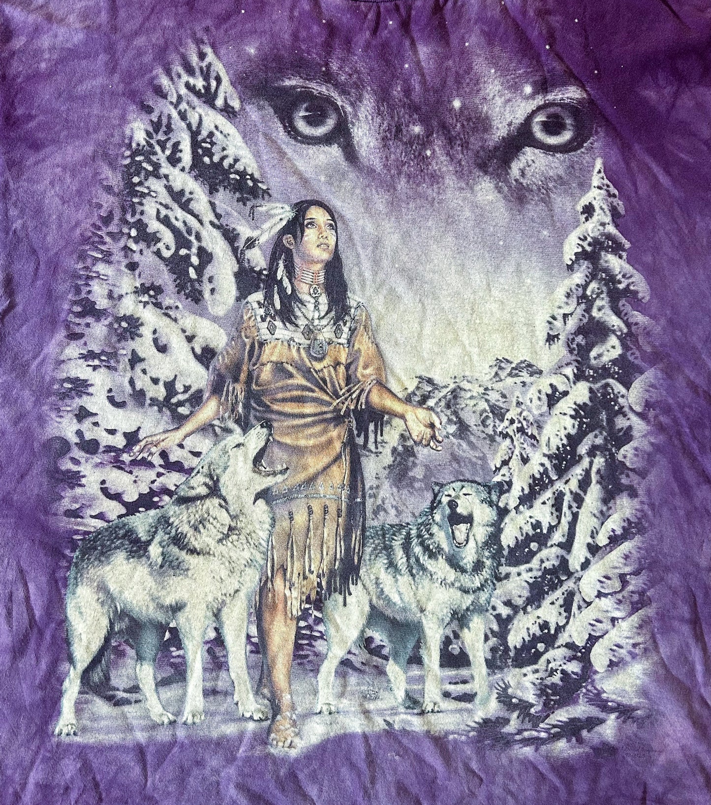 Vintage 1990s Indigenous Wildlife Wolves Print Purple Cotton T-shirt 2XL