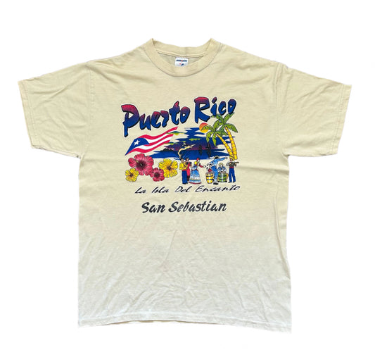Vintage Puerto Rico San Sebastián Jerzees Label Beige Cotton Location T-shirt Large