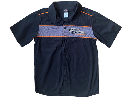 Vintage Kids Harley-Davidson Button Up Shirt – Black & Grey Short Sleeve Workwear Biker Shirt Motorcycle Logo Tee Size 12 - 14 Years