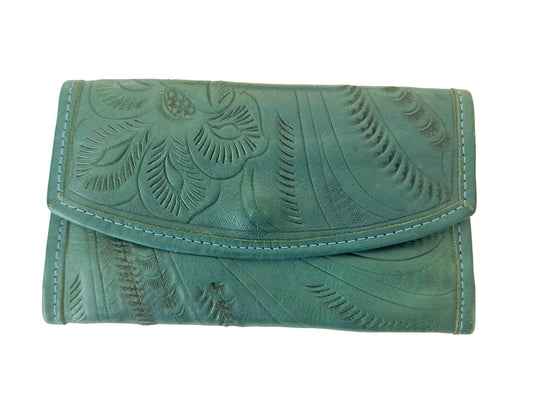 J.L. Saldivar Tooled Leather Wallet Green Handmade Purse